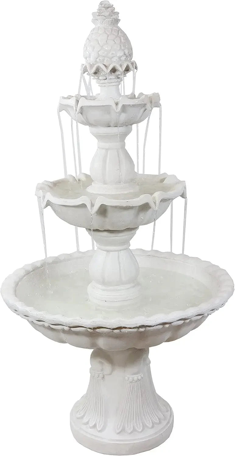 Welcome 3-Tier Outdoor Water Fountain - Large Traditional Water Feature with Pineapple Topper - White 57" He