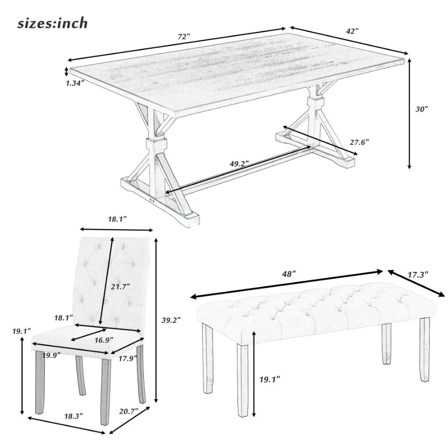 Dining Room Set 6-Piece Farmhouse Dining Table Set 72" Wood Rectangular Table, 4 Upholstered Chairs with Bench (Walnut)