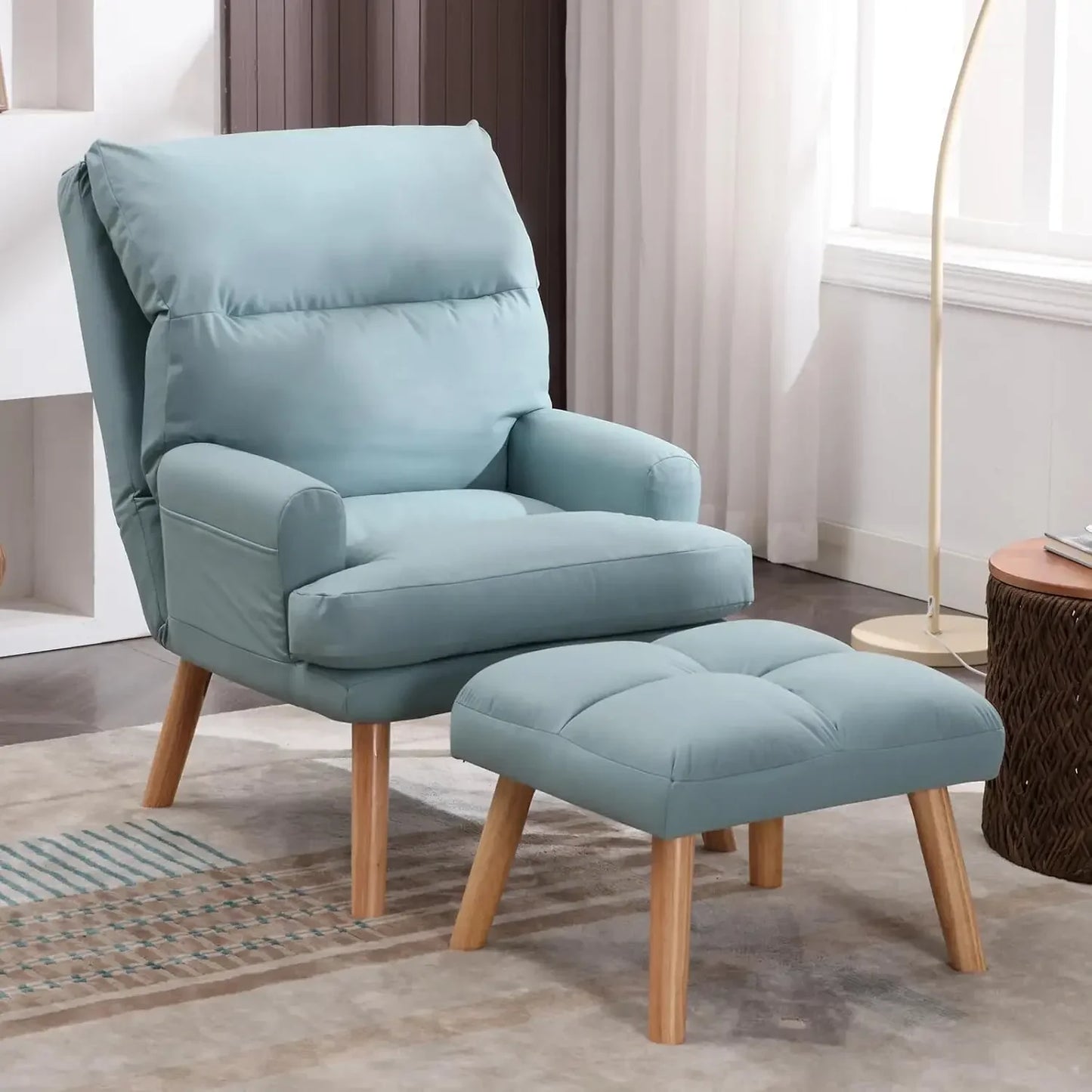 Chair Modern Accent Chair with Ottoman, Soft Fabric Armchair with Adjustable Backrest and Side Pockets, Comfy Lounge Chair