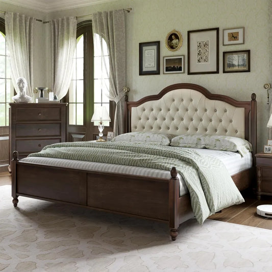 Bed Frame Queen Size, Solid Wood, Transitional Platform Bed with 52.5" Upholstered Tufted Headboard, Rubberwood