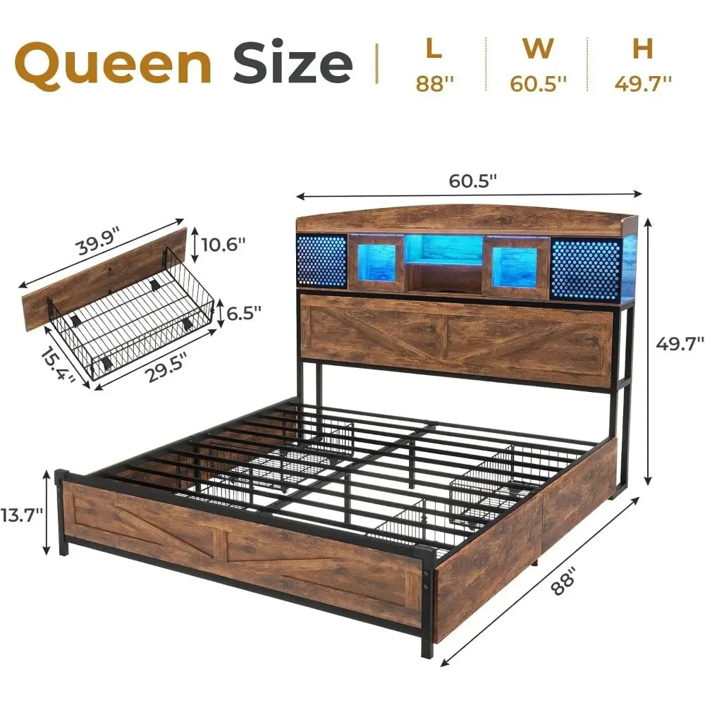 Bed Frame with LED, Queen Size with Tall Storage Headboard & 4 Drawers, Platform Metal Bed Frame with Sliding Acrylic Door