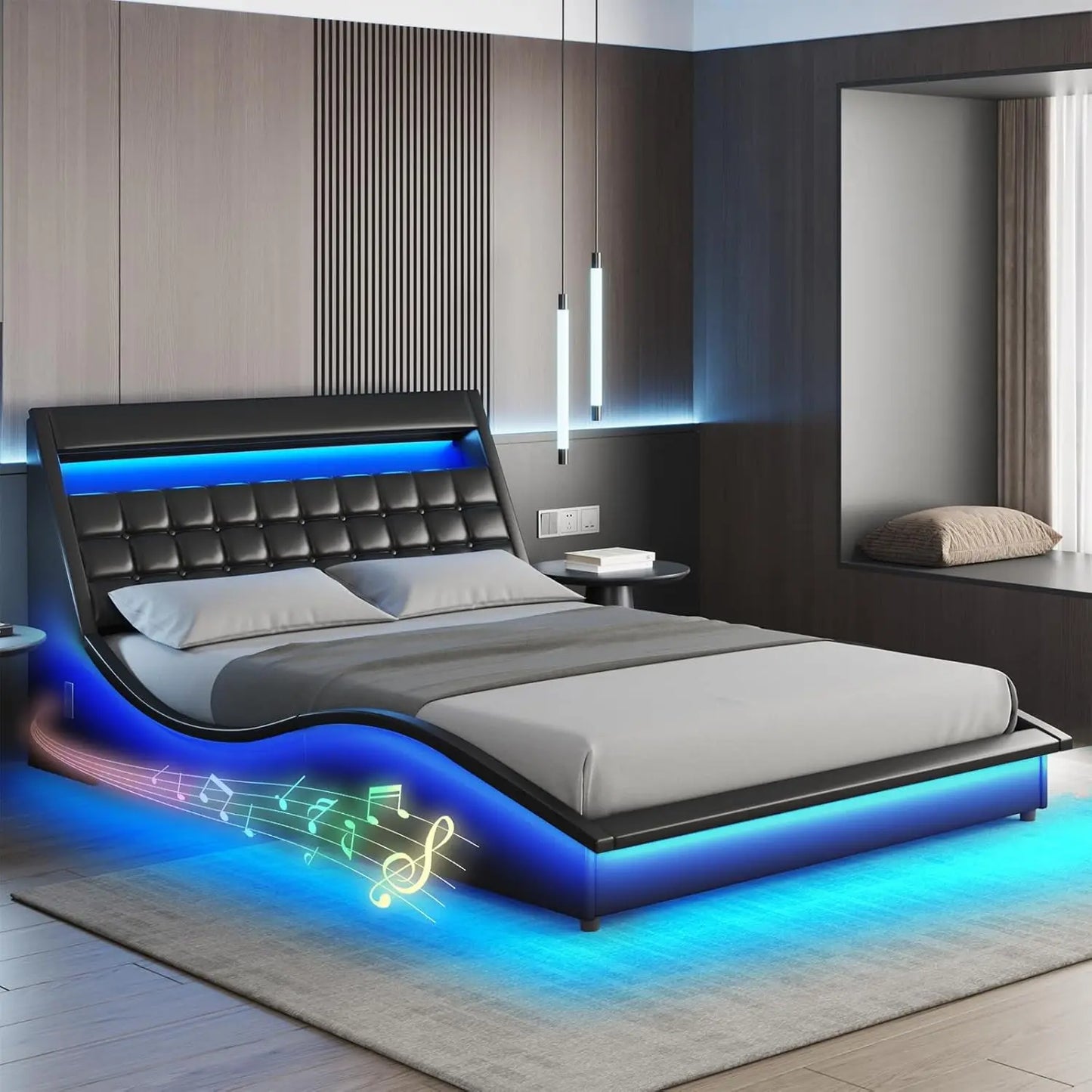 Bed Frame Queen Size or Full Size with Wave-Like Curve Design PU Leather Upholstered Platform Bed Frame with Charging Station&LED Lights