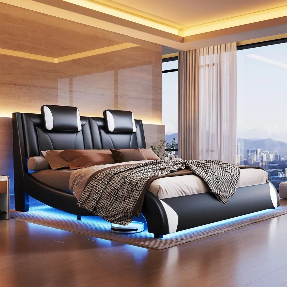 Modern Artificial Leather Floating Queen Size or Full Size Bed Frame, LED Bed Frame, Cushioned Platform, Wave Curve Design