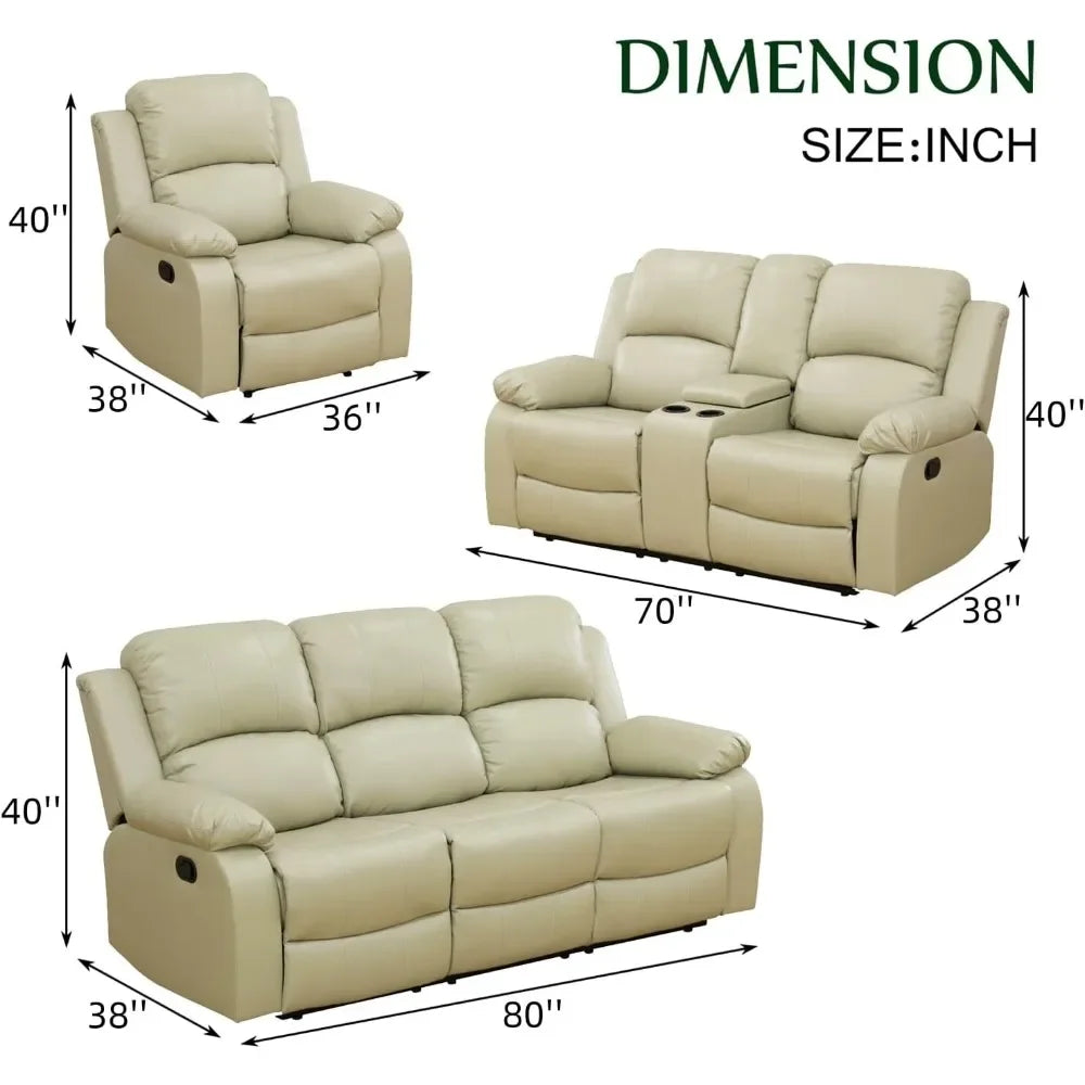 Living Room Leather Recliner Sofa Set, Leather Reclining Sofa, Loveseat, and Chair Set for Living Room Furniture Sets, Beige Recliner Couch Set(Sofa Set 3 Pieces)