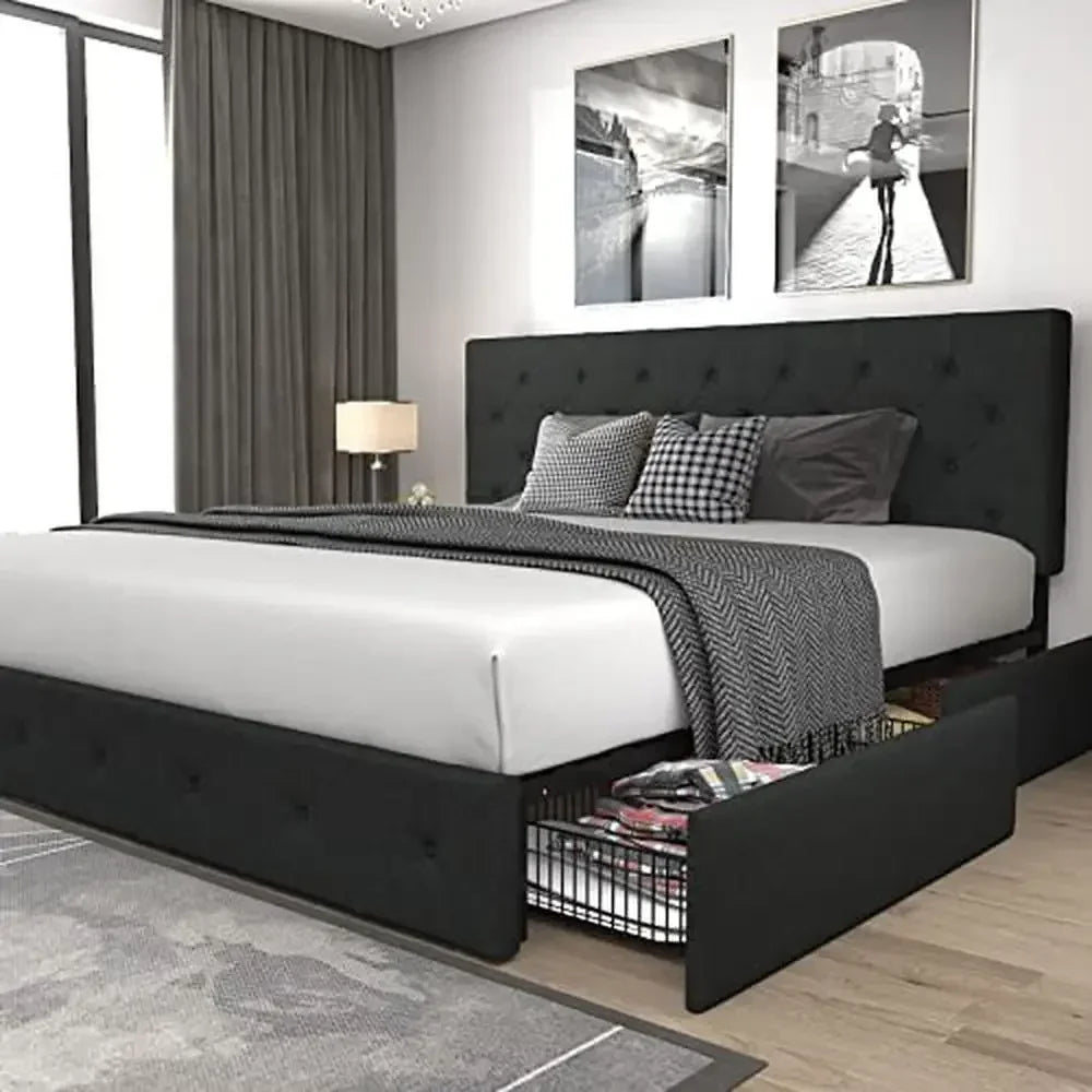 Bed Frame King Size Upholstered Platform with 4 Storage Drawers and Adjustable Headboard Modern Diamond Stitched Button-Tufted