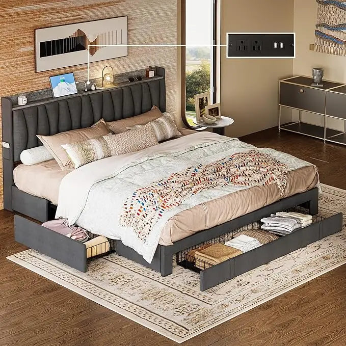 Bed Frame King Size or Queen Size with Storage Headboard and Charging Station, Platform Bed with 3 Drawers, No Box Spring Needed, Easy Assembly