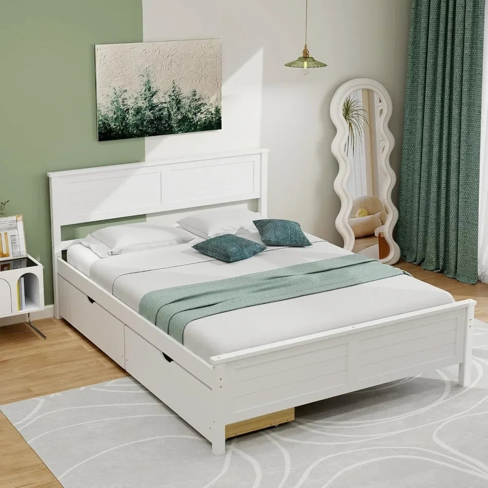 Bed Frame Full Size or Twin Size with 2 Storage Drawers, Solid Wood Platform Bed with Headboard, No Spring Needed, Wood Bed Frame