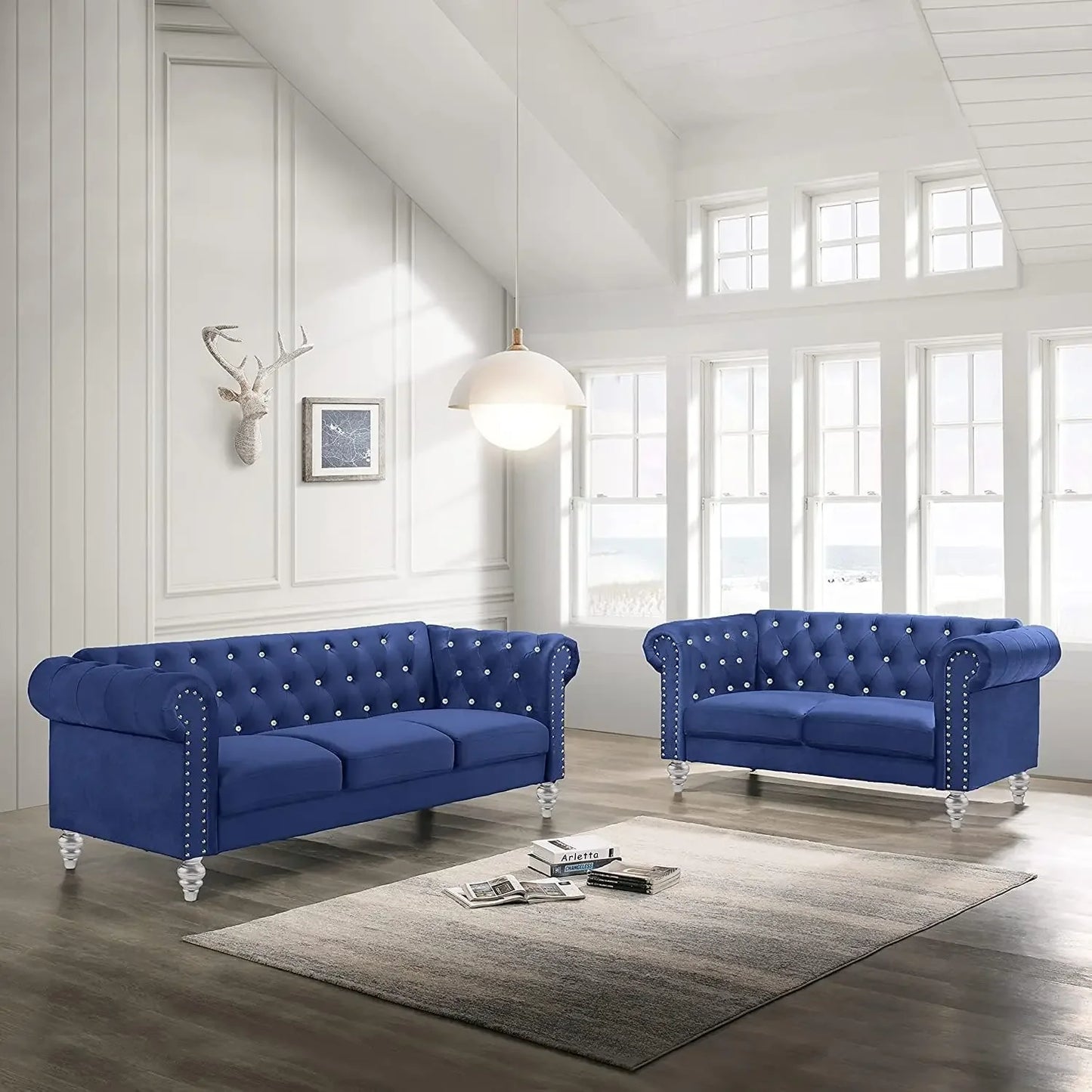 Living Room Emma Crystal Sofa and Loveseat Living Room Set, Royal Blue