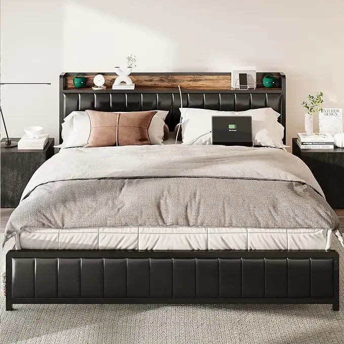 Bed Frame King Size or Full Size Headboard & Footboard, Upholstered Platform Bed with USB Ports & Outlets, Strong Steel Slats