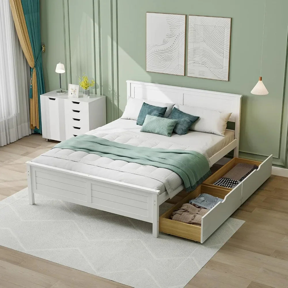 Bed Frame Full Size or Twin Size with 2 Storage Drawers, Solid Wood Platform Bed with Headboard, No Spring Needed, Wood Bed Frame