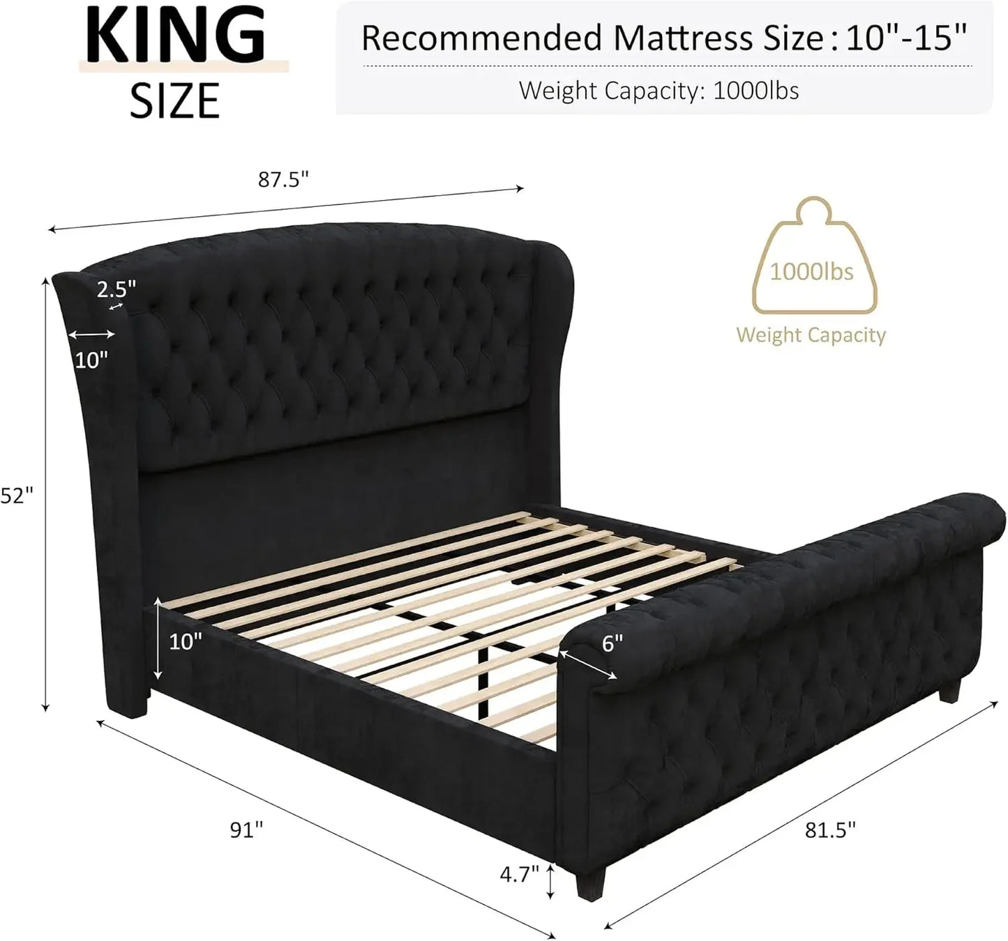 Platform Bed Frame King Size, Velvet Upholstered Sleigh Bed with Scroll Headboard & /Button Tufted/No