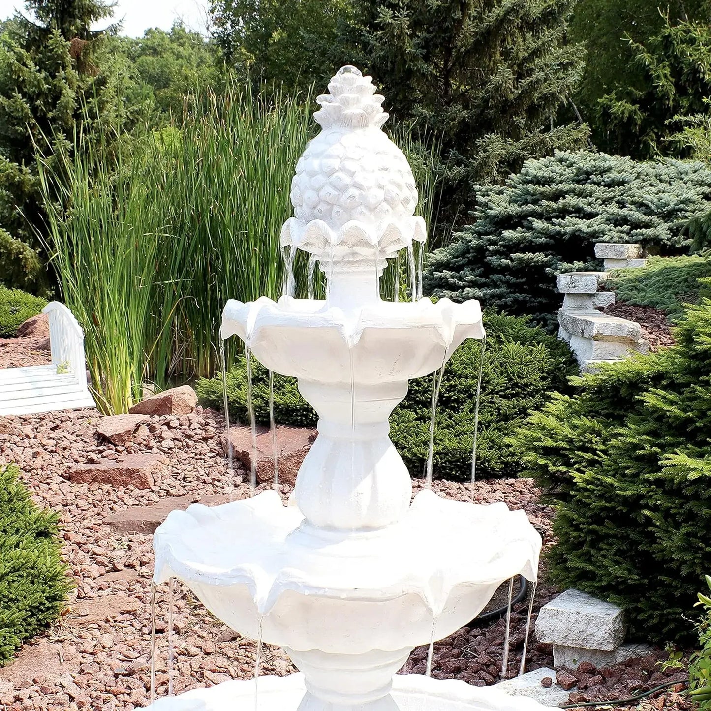 Welcome 3-Tier Outdoor Water Fountain - Large Traditional Water Feature with Pineapple Topper - White 57" He