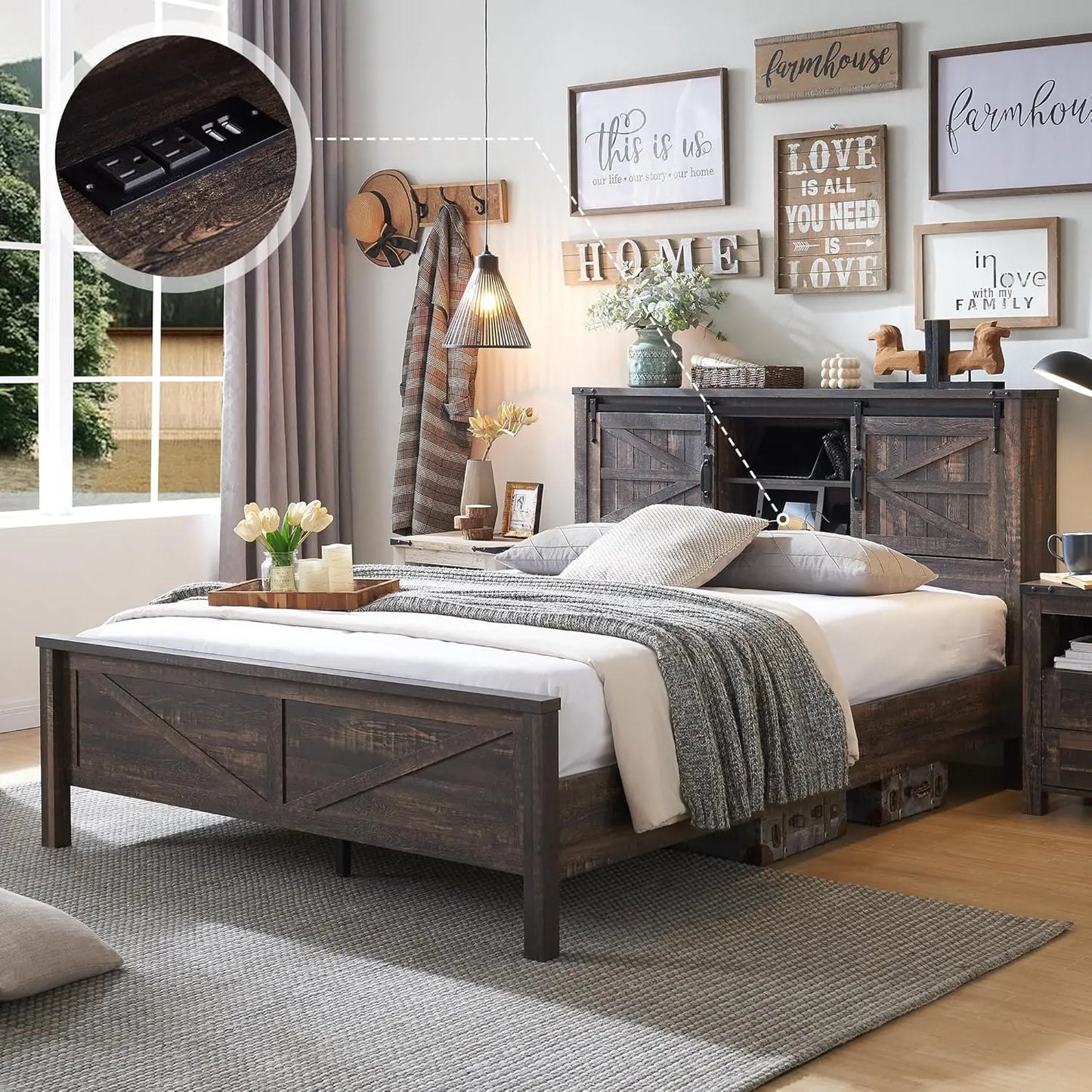 Bed Frame King Size or Queen Size W/Storage Bookcase Headboard, Charging Station, Wood Slats Support, No Box Spring Needed, Wood Platform Bed