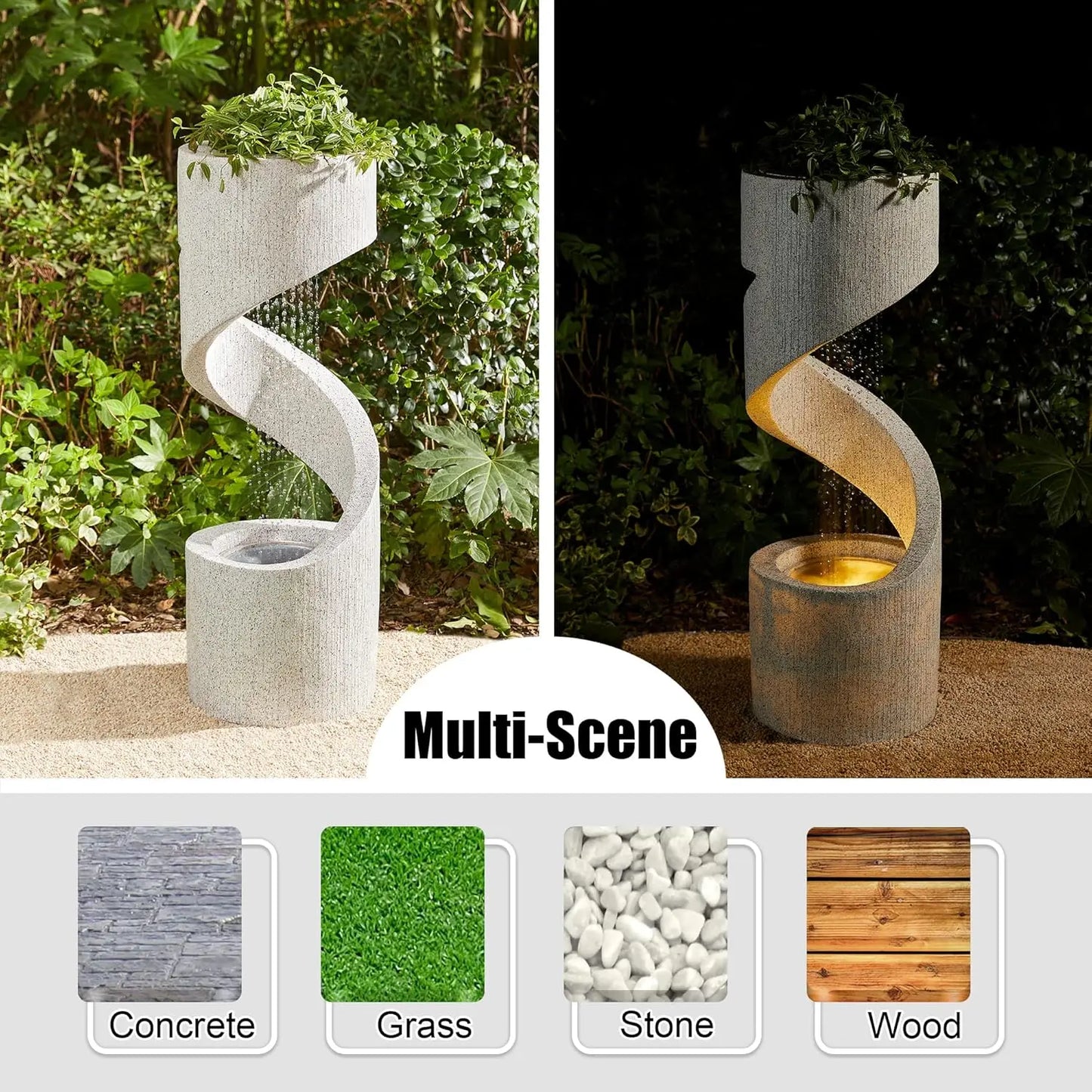 Decorative Tiered Outdoor Water Fountain with LED Light Vintage Curved Waterfall Fountain