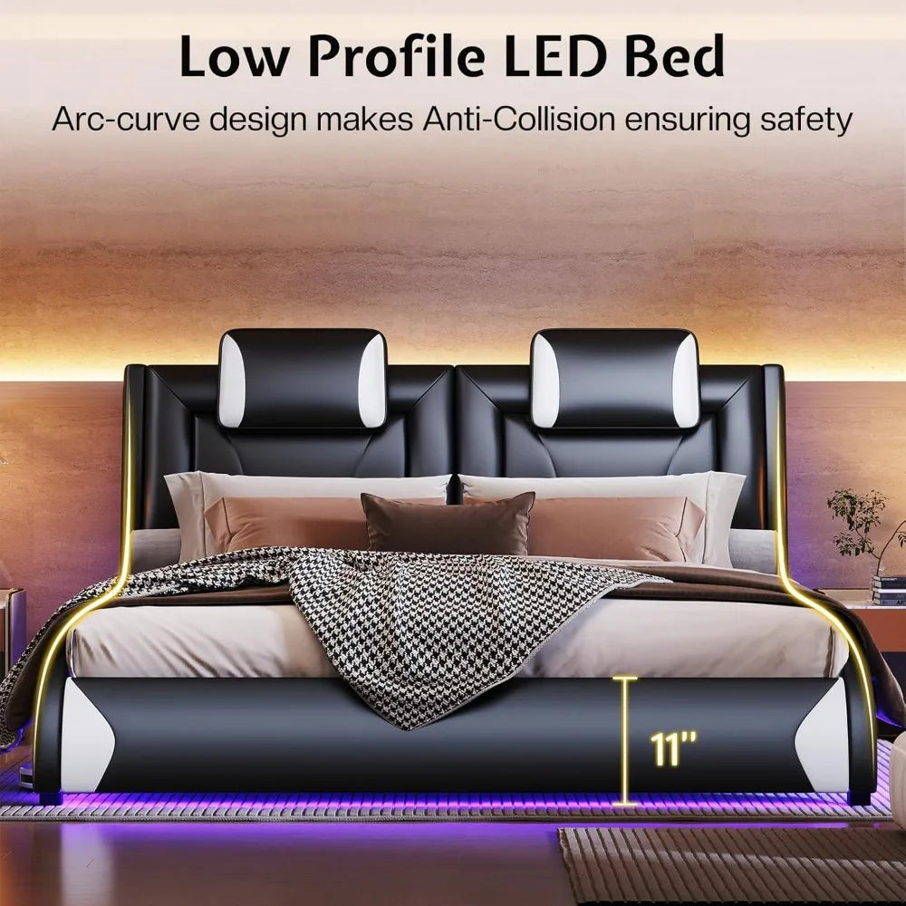 Modern Artificial Leather Floating Queen Size or Full Size Bed Frame, LED Bed Frame, Cushioned Platform, Wave Curve Design