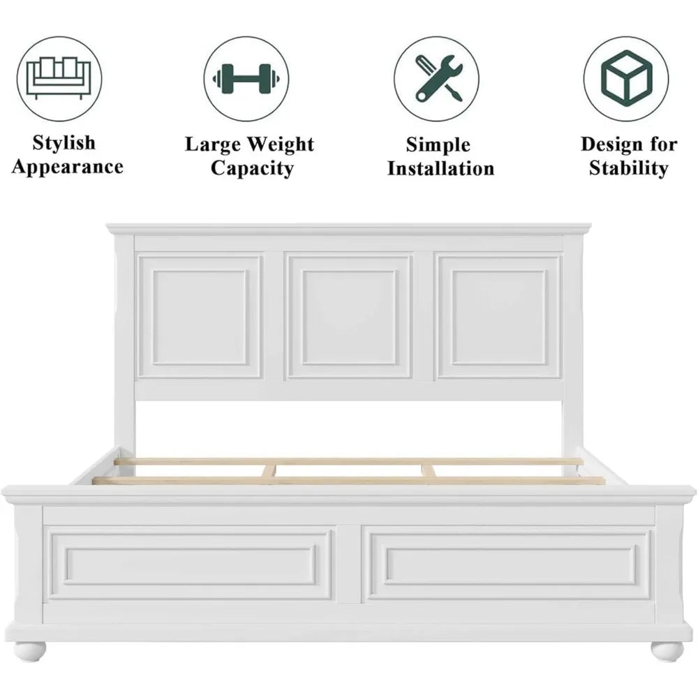 Platform Bed King Size or Queen Size with Tall Headboard  Footboard, Pinewood King Bed Frame with Wood Panel Bed Base,White,Bed Frames