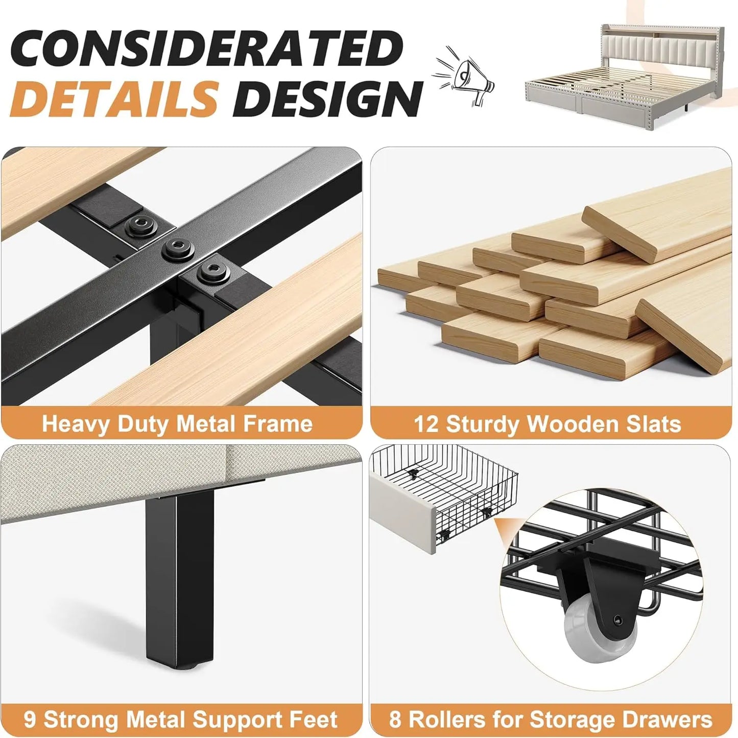 Frame with Storage and Headboard Upholstered King Bed Frame with Storage King Bed Frame with 2 Drawers