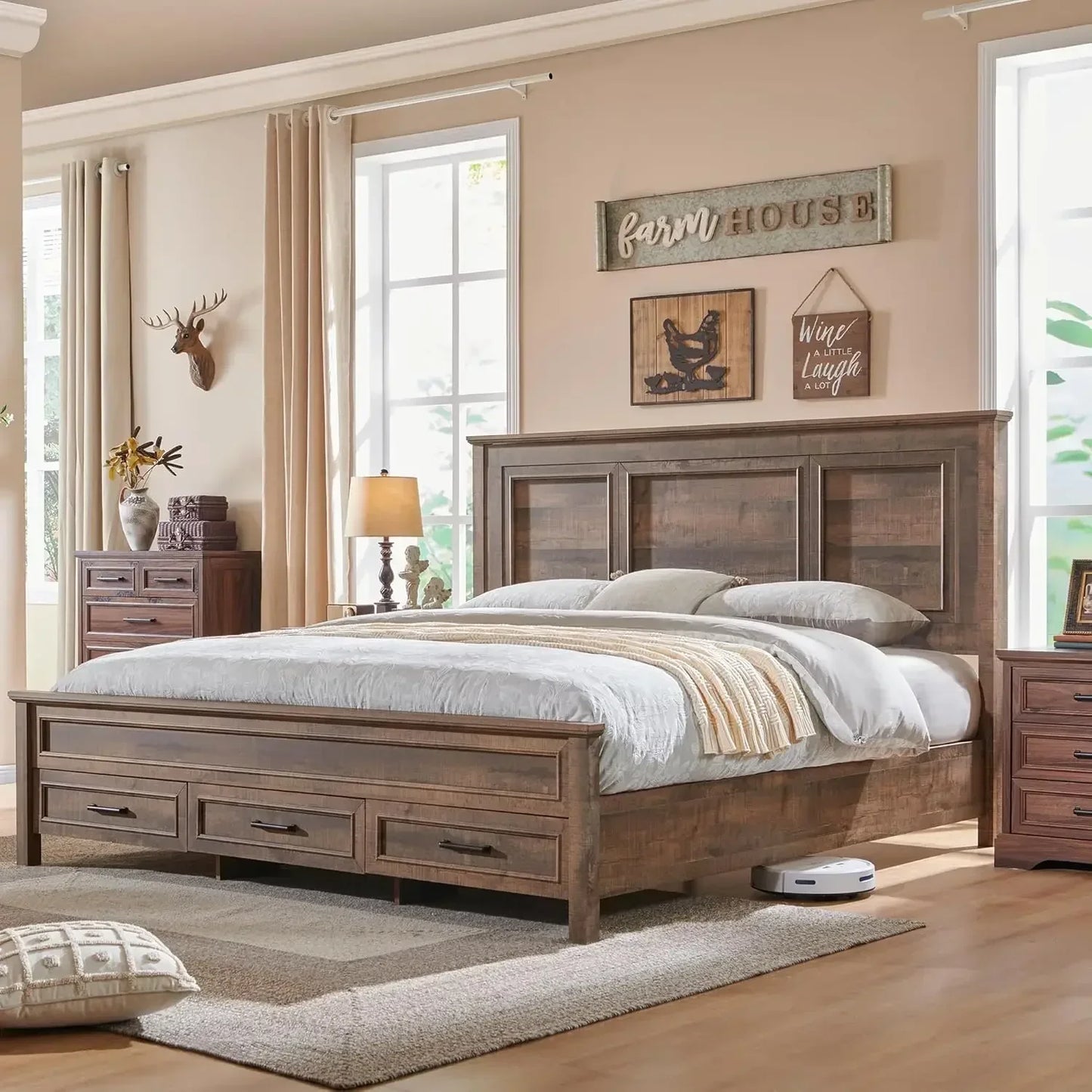 Bed Frame Farmhouse Queen Size with 52" Tall Full-Panel Headboard, Wood Platform Bedframe with Footboard and Storage Drawers