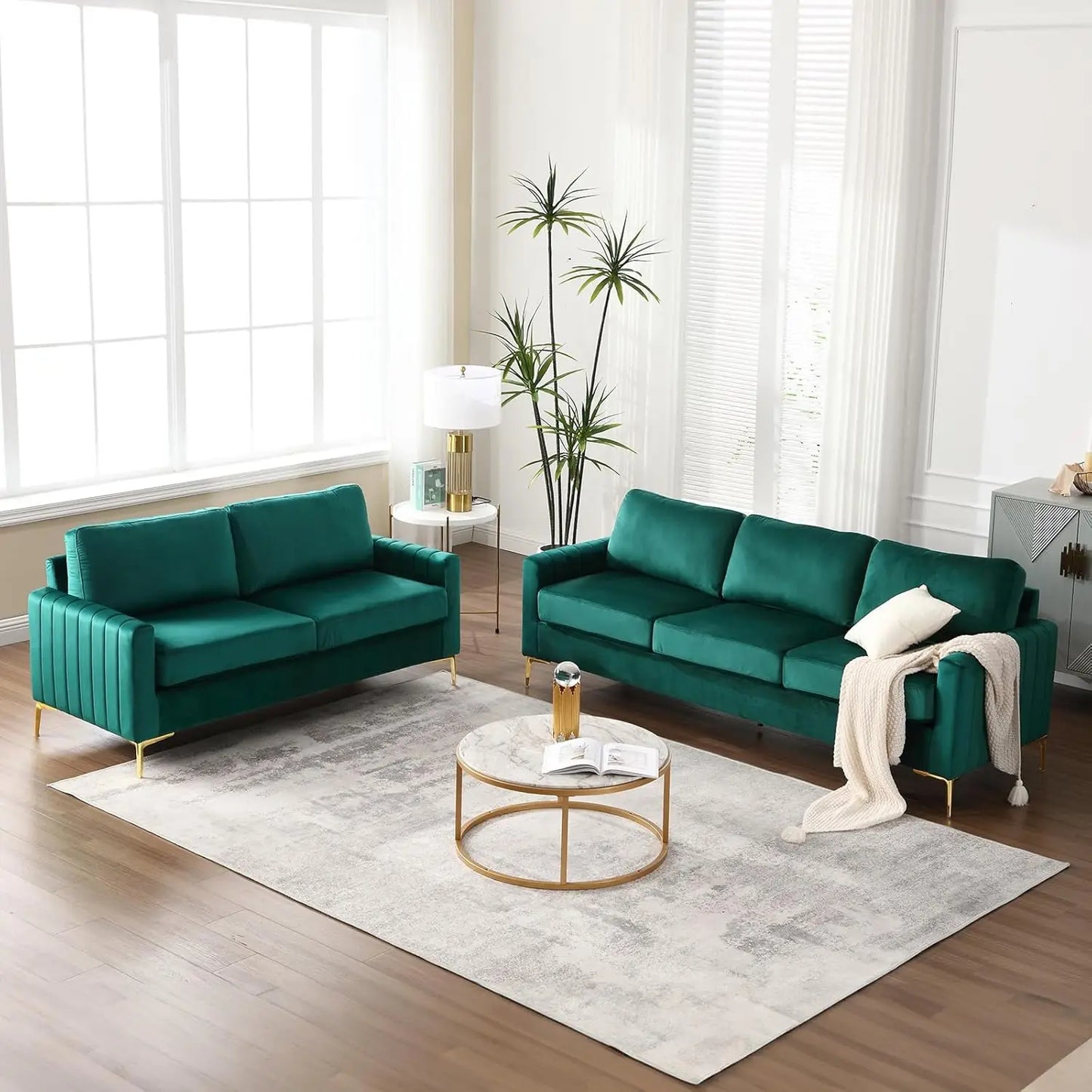 Living Room Sofa and Loveseat Set 2 Piece, Comfy Velvet Tufted Couch and Loveseat Sets Living Room Furniture Sets with Gold Leg