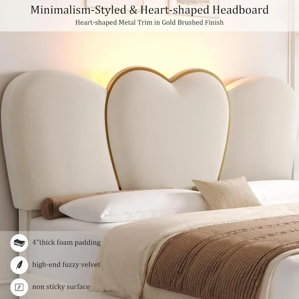 Bed Frame King LED with 4 Storage Drawers, Modern Velvet Upholstered Platform Bed with 55 Tall Heart Shaped Headboard, Beige Bed