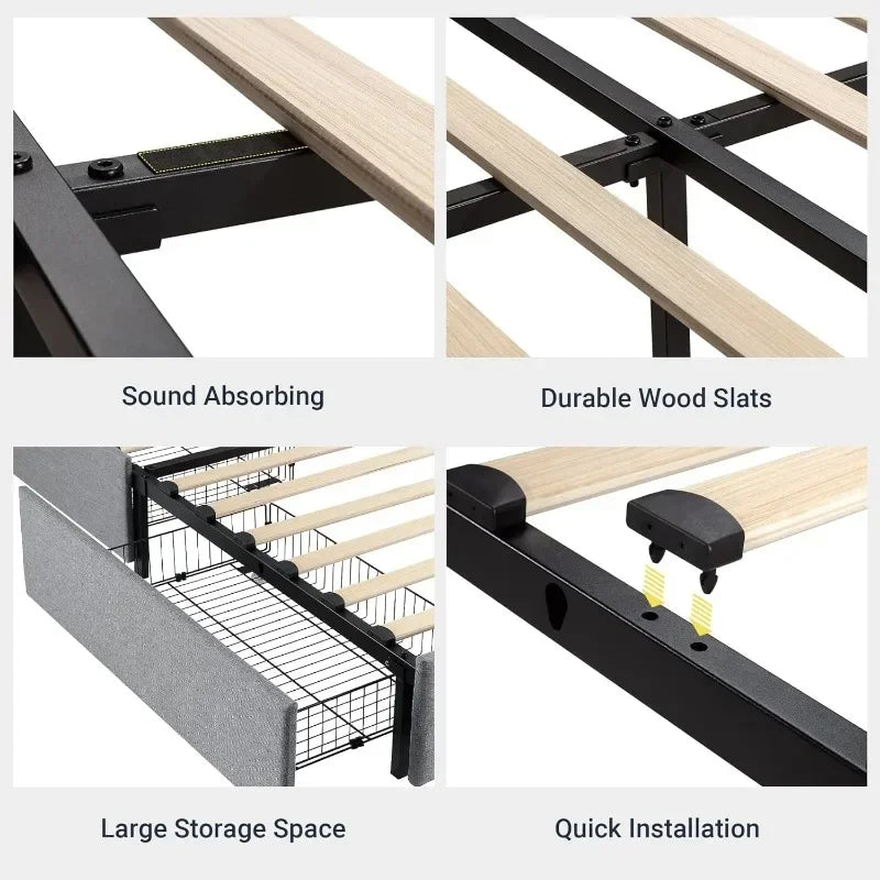 Bed Frame Upholstered King Size Platform with 4 Storage Drawers and Headboard Diamond Stitched Button Tufted No Box Spring Needed Grey