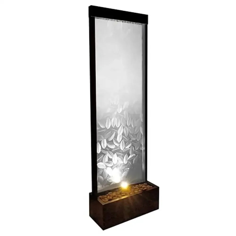 Modern Glass Panel Fountain with LED Light 72" Indoor/Outdoor Waterfall Embossed Leaves Design Relaxing Water Sounds Durable