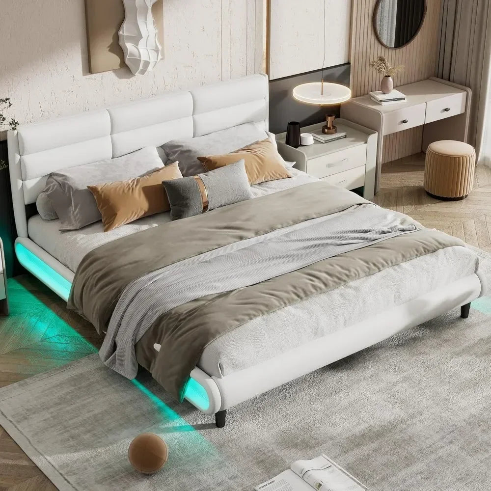 Upholstered Platform King Size Bed with LED Light Strips, Bed Frame with Headboard & Slat Support，No Box Spring Needed，Bed Frame