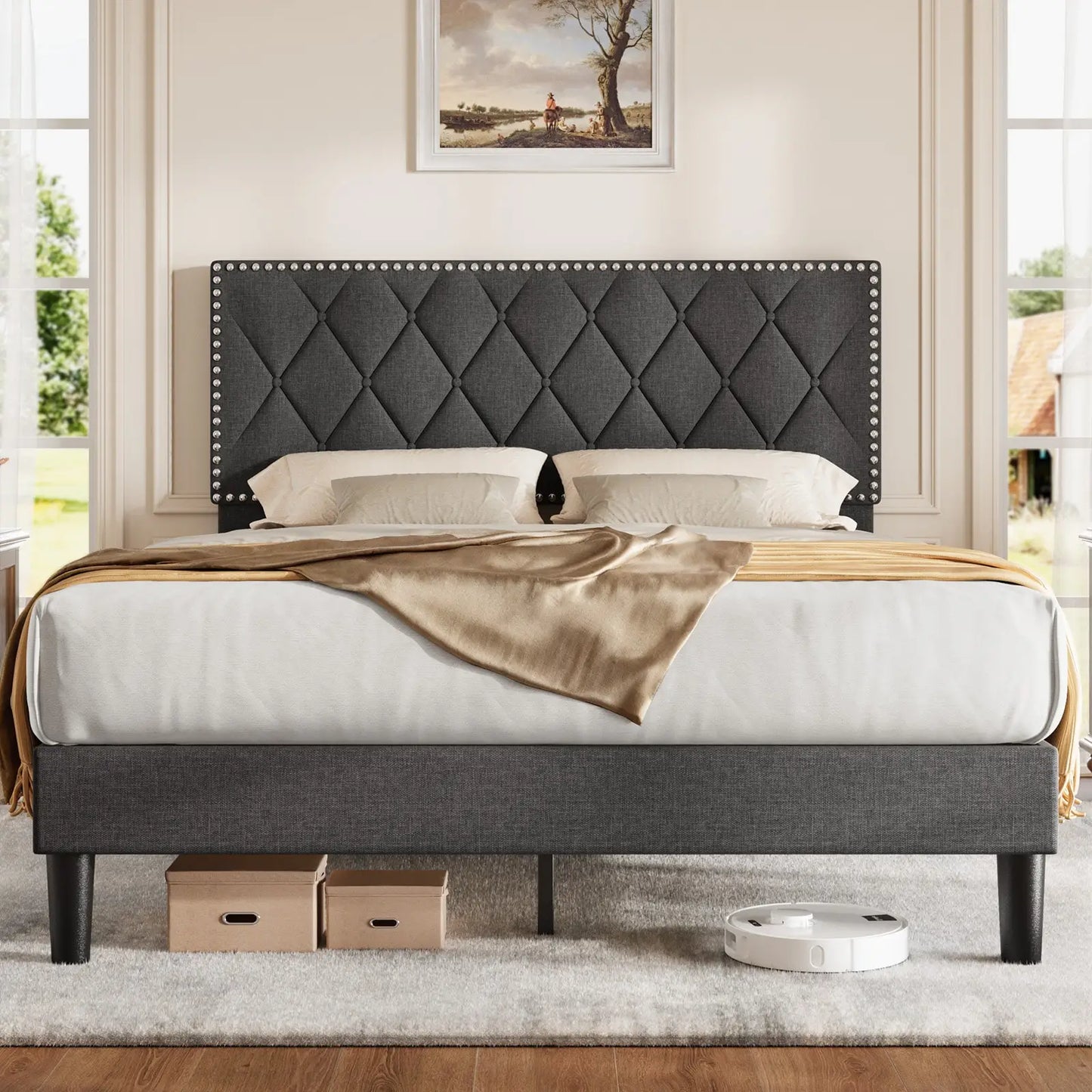 Bed Frame Queen Size with Upholstered Headboard, Queen Bed Frame with Button Tufted Adjustable Headboard,Bed Frame Queen Size