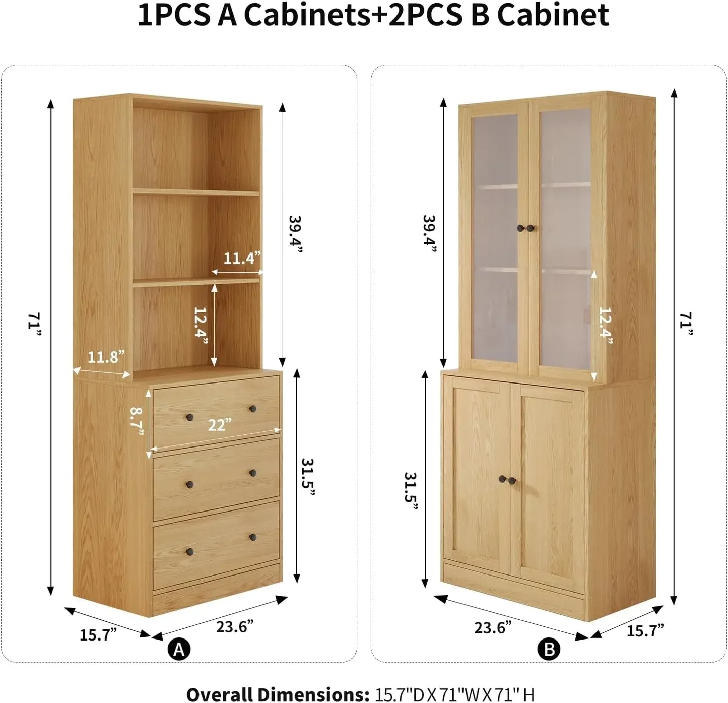 Vertical File Cabinet, 3-Tier Modern Bookshelf with 3 Large Drawer, Wood Filing Cabinet with Open Storage Shelf, Glass Doors