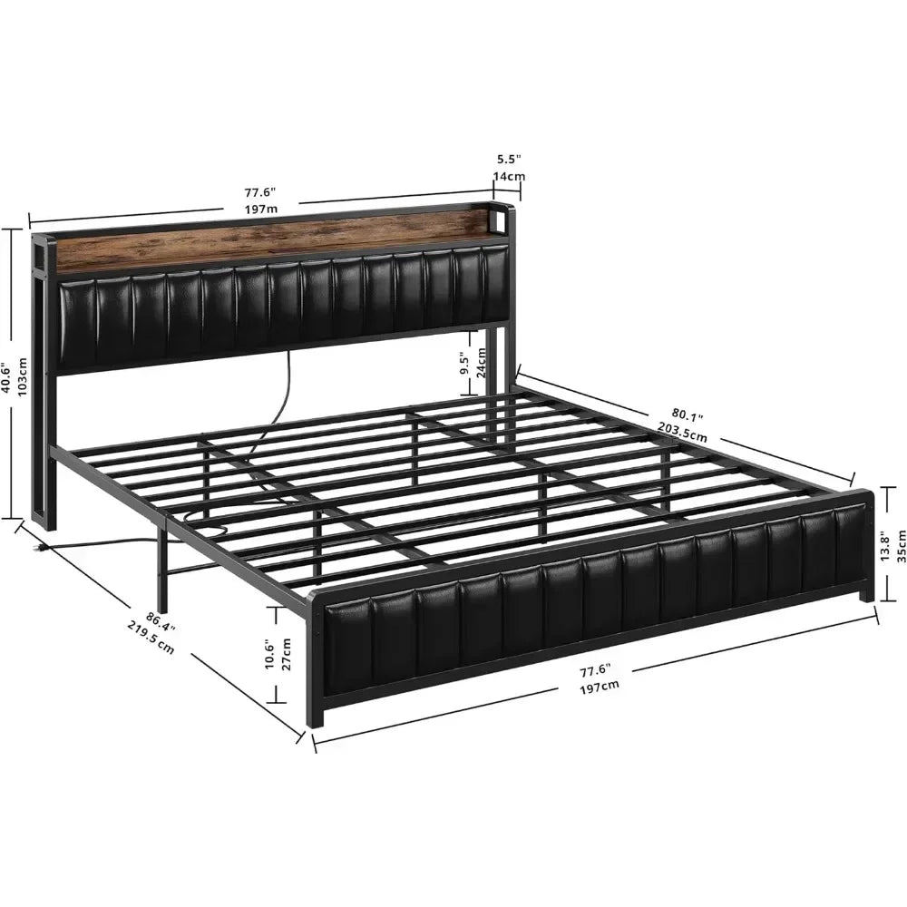 Bed Frame King Size or Full Size Headboard & Footboard, Upholstered Platform Bed with USB Ports & Outlets, Strong Steel Slats