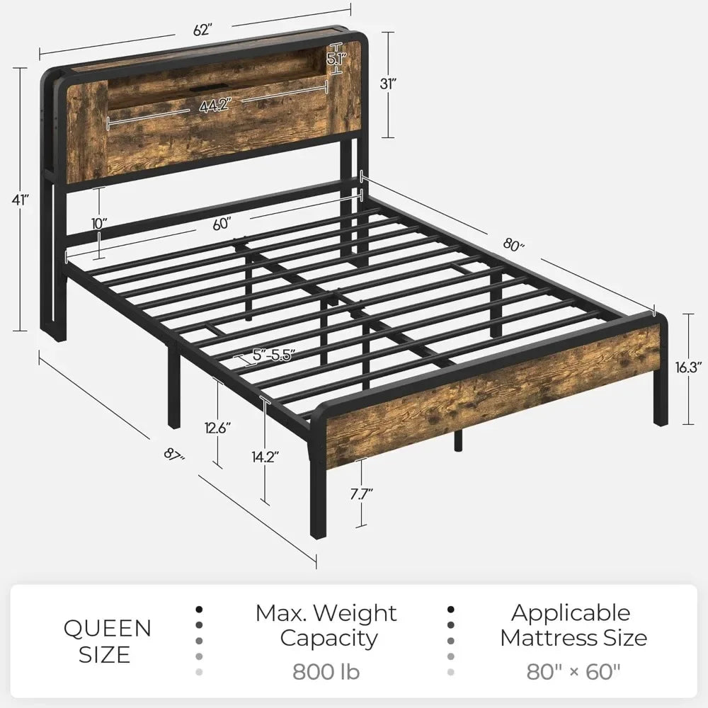 Bed Frame Queen Size or Full Size Bed with Wooden Headboard/Footboard, Storage Space and Adjustable LED Light, Mattress Foundation