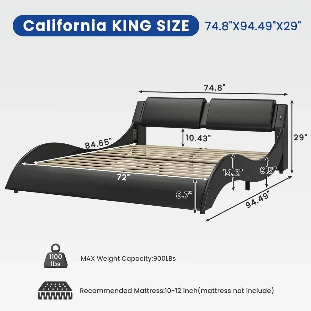 Bed Frame Queen Size or King Size or California King Size with Headboard and Led Lights, USB & Type-c Ports Faux Leather Bed, No Box Spring Needed Black