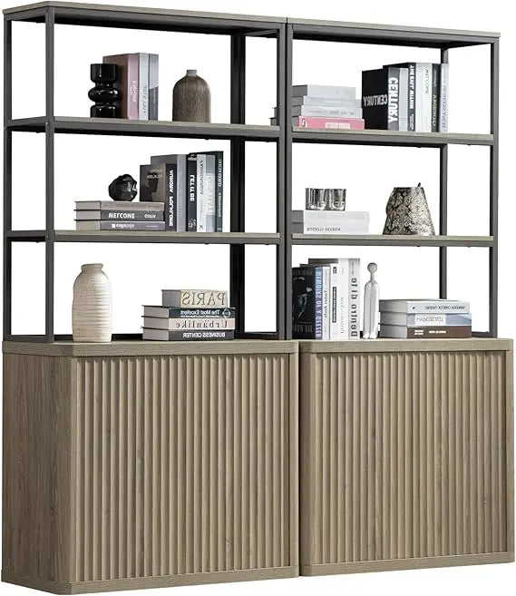 Book Shelf Fluted Bookshelf Tall Bookcase with Doors Storage 5 Tier Mid Century Modern Bookshelves for Library (1 or 2 PCS), Bookcases