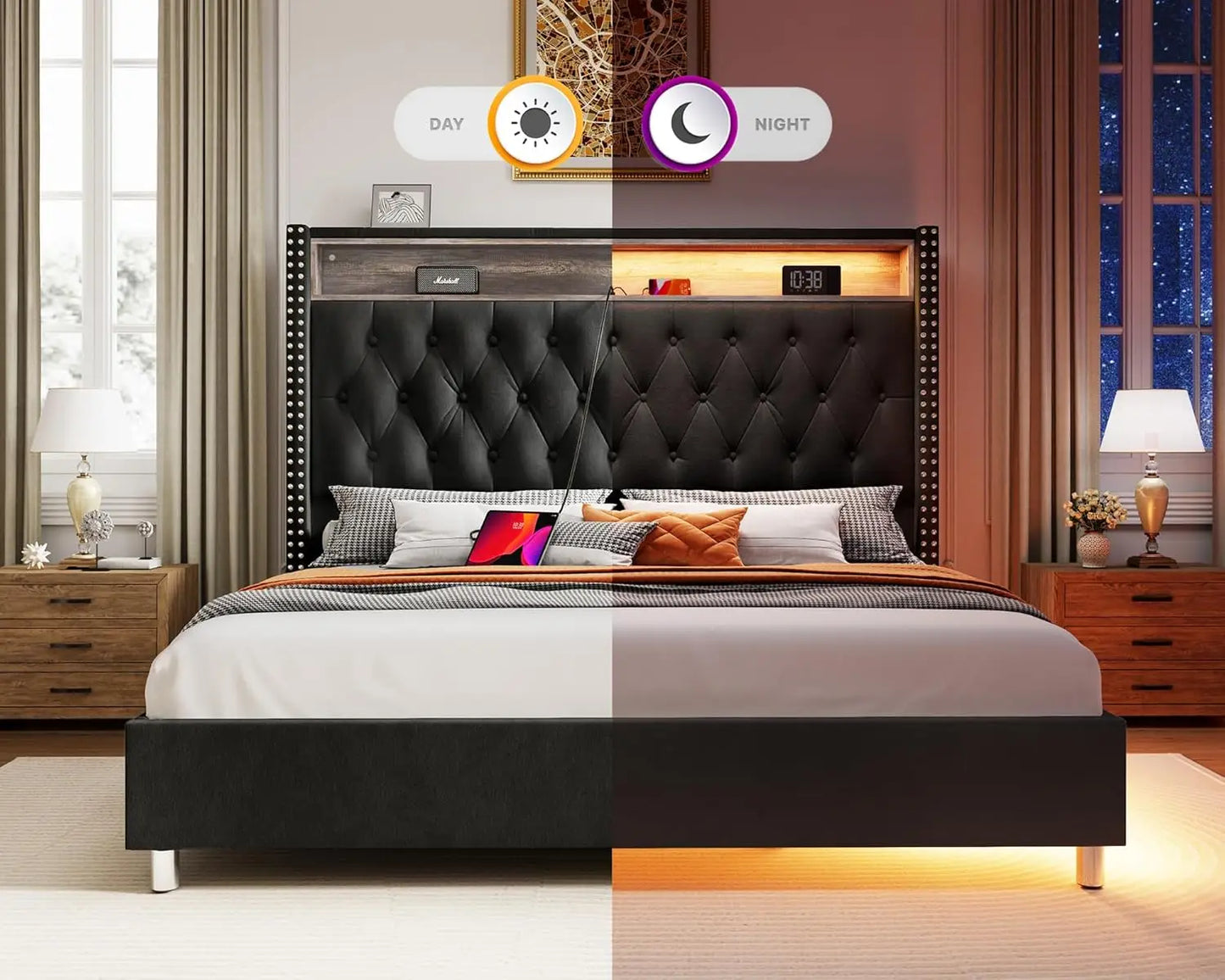 Bed Frame Queen Size with 53.6'' Tall Headboard LED Lights and Charging Station, Velvet High Upholstered Platform Bed Wingback Storag