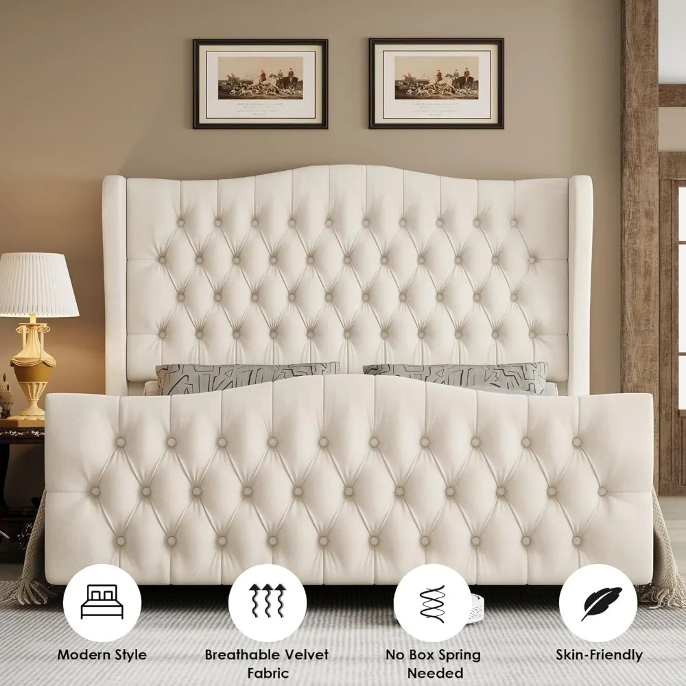 Bed Frame King Size or Queen Size or Full Size with Velvet Upholstered Deep Button Tufted Wingback Headboard and Footboard, No Box Spring Needed, King Bed Frame