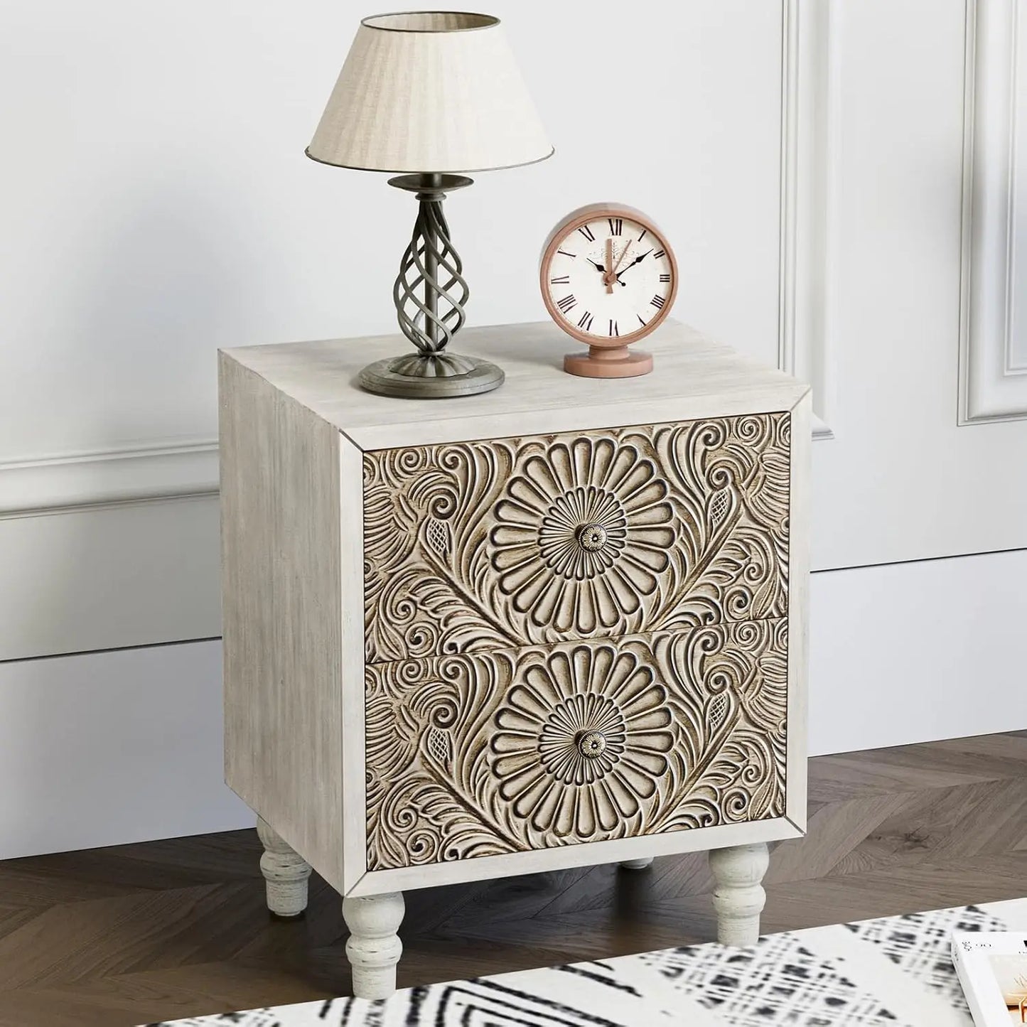 Bedside Table  Floral-Design Pair,  2-Tier Drawers Sets, Wood Grain Nightstand, Small Accent Table with Pattern Drawer Side Table Bedroom