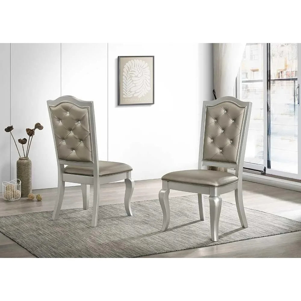 Dining Room Set 7-Piece Set Includes Silver Mirror Trim Rectangular Dining Table with 6 Button Chair in Champagne, Luxurious Furniture Set