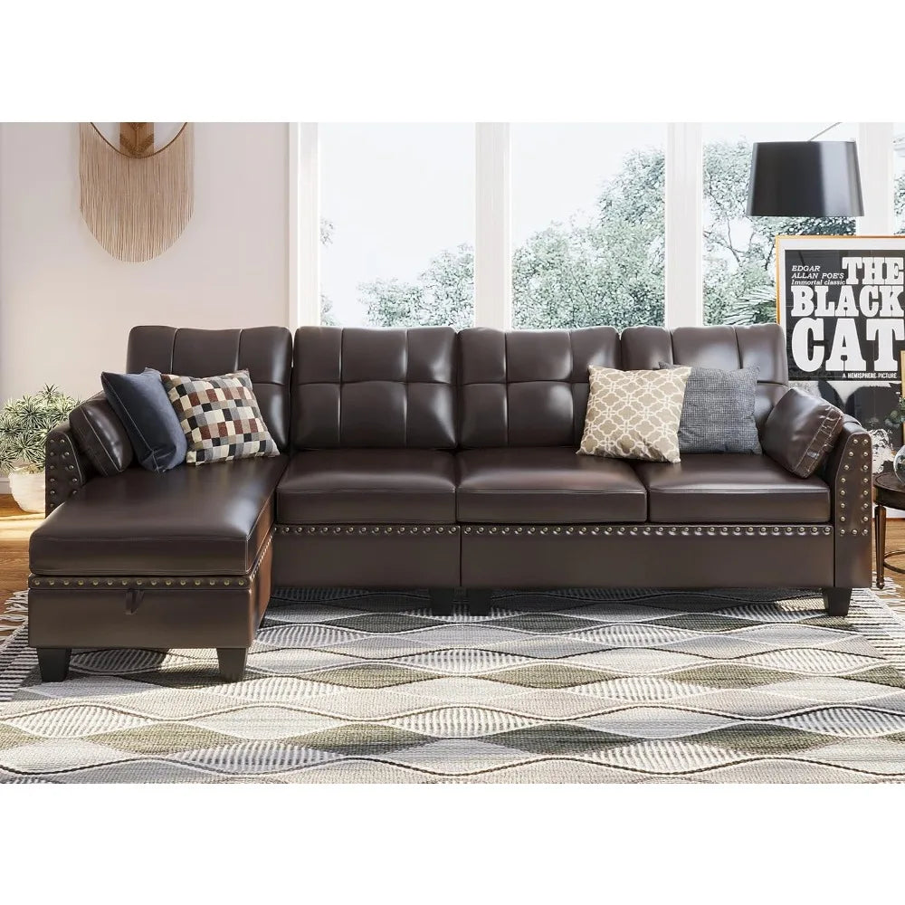 Living Room Leather Sectional Sofa Couch Reversible L Shaped Couch Sofa 4 Seat Sofa Sectional Couch for Small Apartment