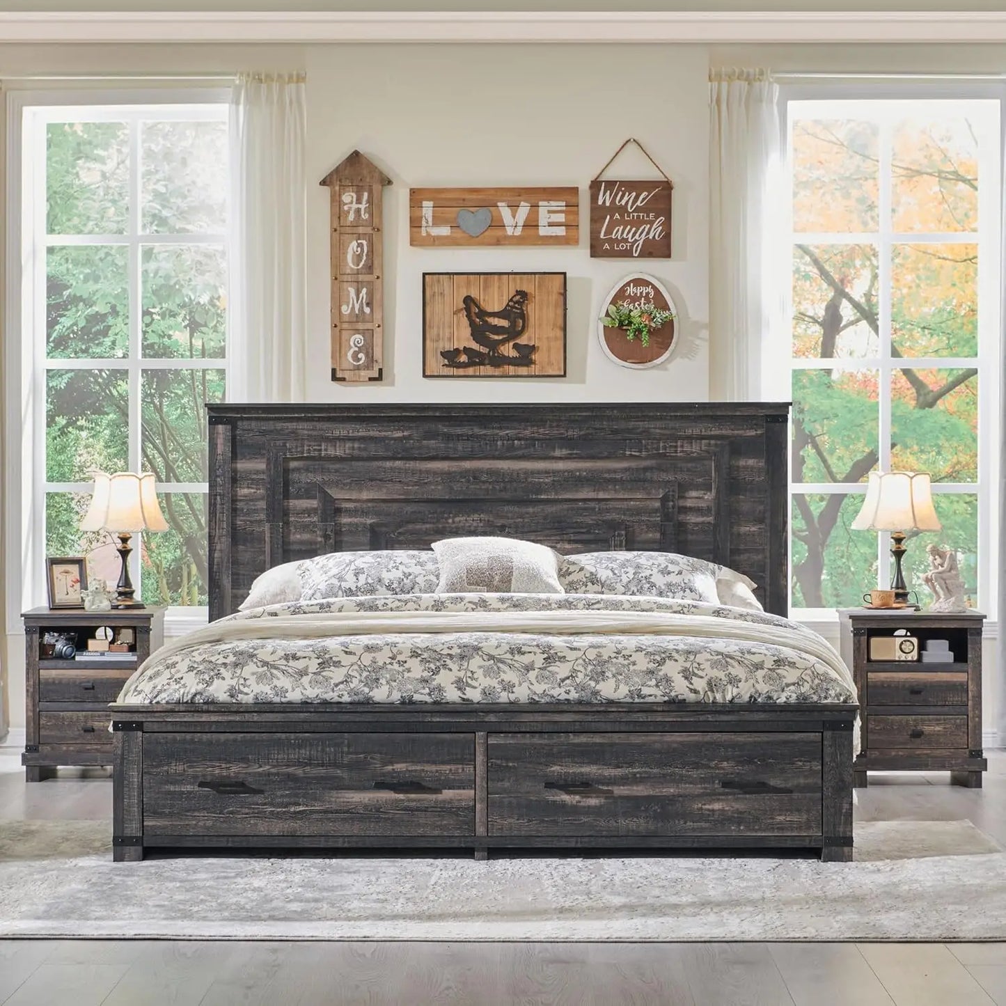 Bed Frame Farmhouse King Size Wood with 54" Tall Geometric Headboard, 2 Large Storage Drawers, Solid Wood Slats Support