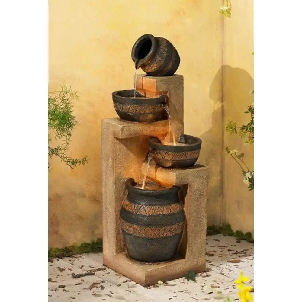 Rustic Stoneware Bowl & Jar Outdoor Water Fountain 46" High LED Light Cascading Garden Patio Backyard Lawn Southwest Style