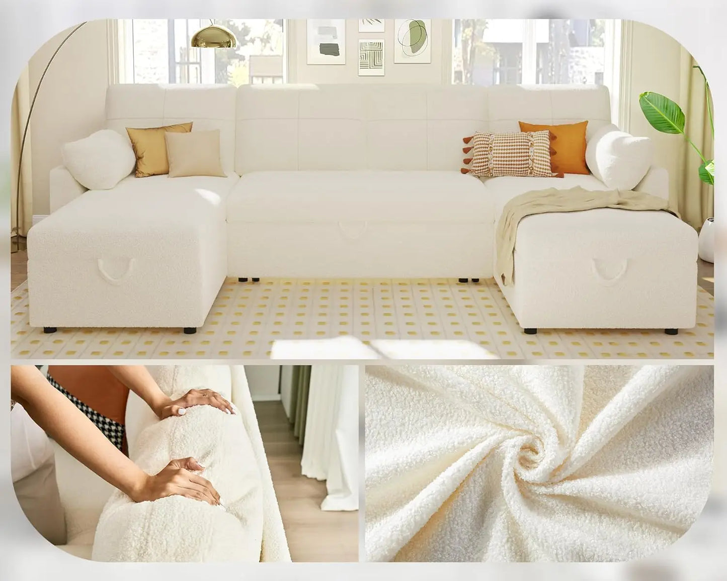 Living Room Sleeper Sofa with Double Storage Chaise for Living Room, White Boucle Couch