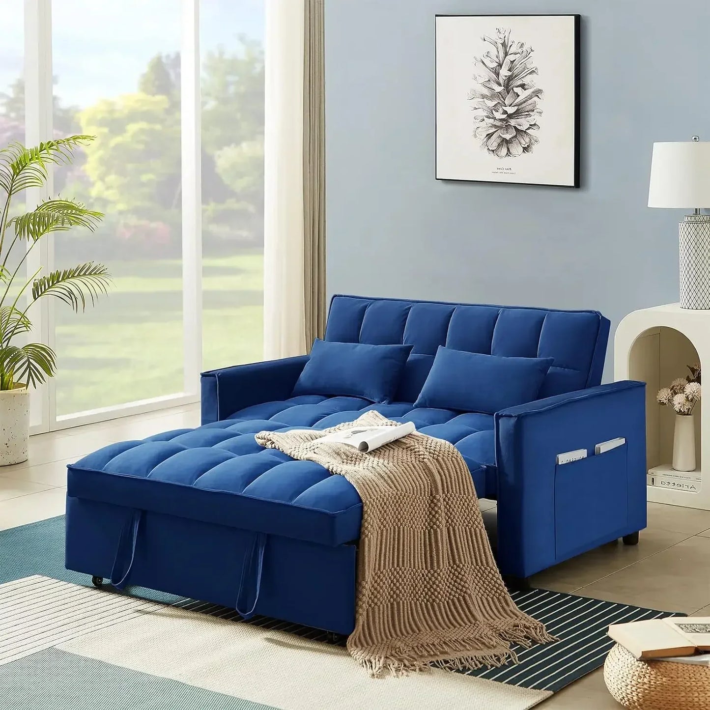 Living Room Modern Velvet Couch w/Pullout Bed, Small Love Seat Lounge Sofa w/Reclining Backrest, Toss Pillows, Pockets, Furniture