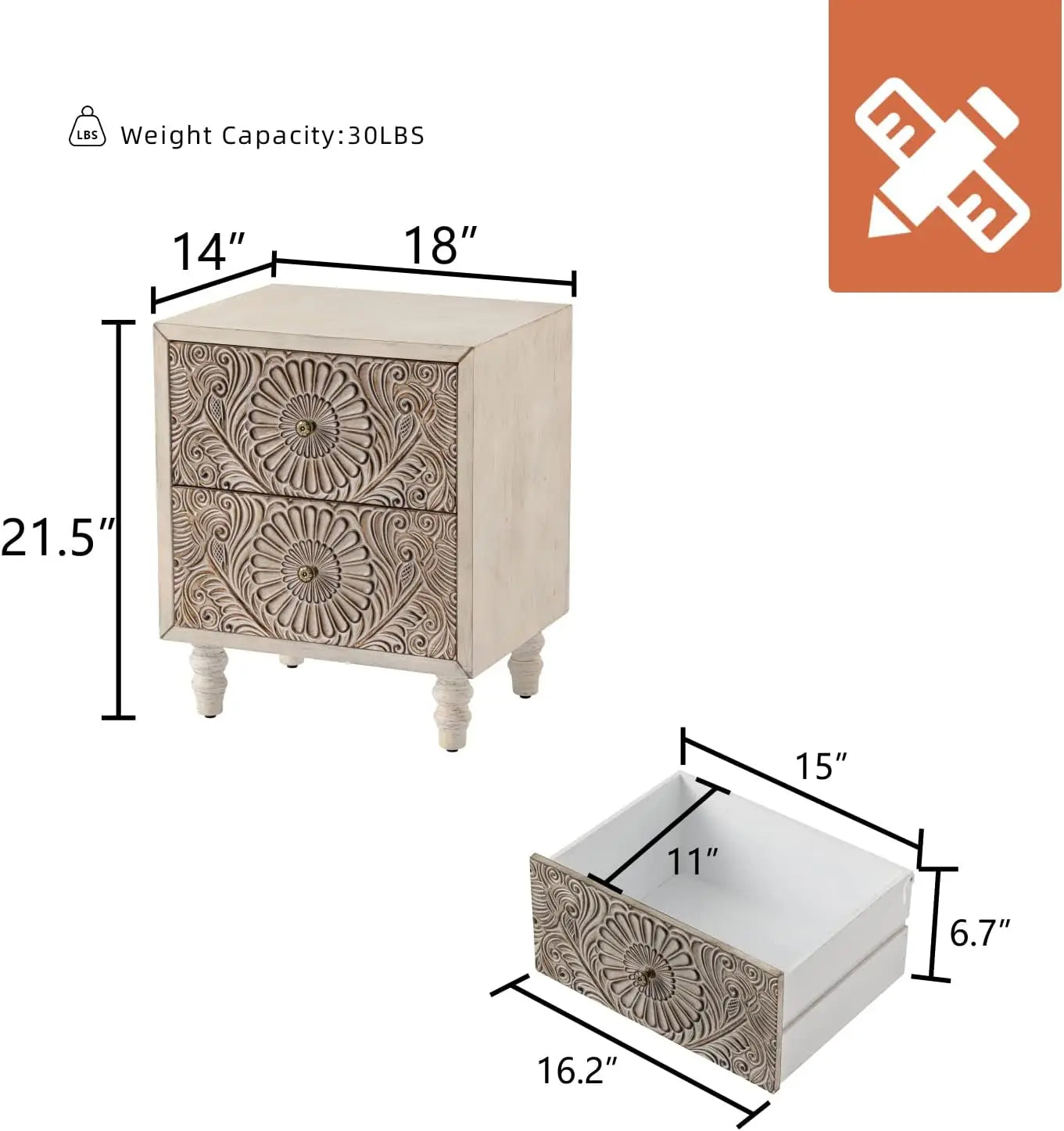 Bedside Table  Floral-Design Pair,  2-Tier Drawers Sets, Wood Grain Nightstand, Small Accent Table with Pattern Drawer Side Table Bedroom