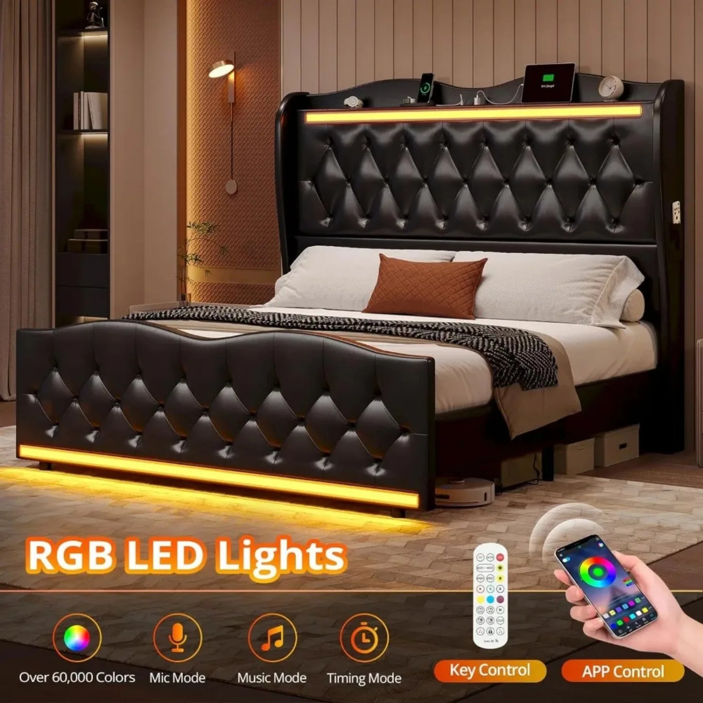 Bed Frame King Size or Queen Size with Tall Headboard with LED Lights & Charging Station, Upholstered Wing Headboard & Footboard, Bed