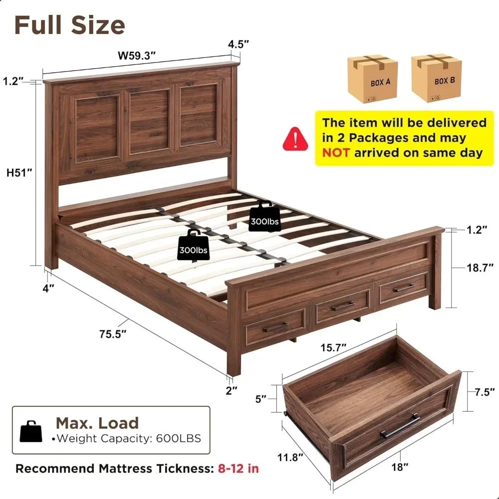 Bed Frame Queen or Full size with 52" Tall Full-Panel Headboard, Wood Platform Bedframe with Footboard and Storage Drawers, No Squeak, No Box Spring Needed