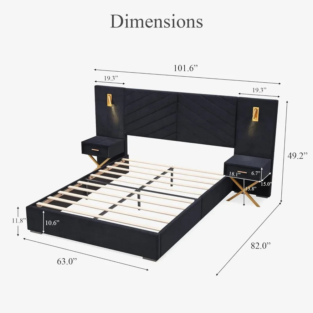 Bed Frame King Size or Queen Size with Built-in LED Lights and Nightstands and Oversize Upholstered Headboard, Bed Frame