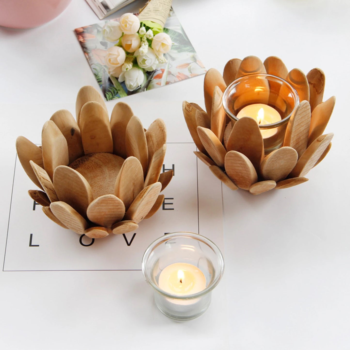 Petal Wood Candlestick Holders Wooden Candle Holder Desktop Ornaments for Living Room or Bathroom Table Decor MIAO