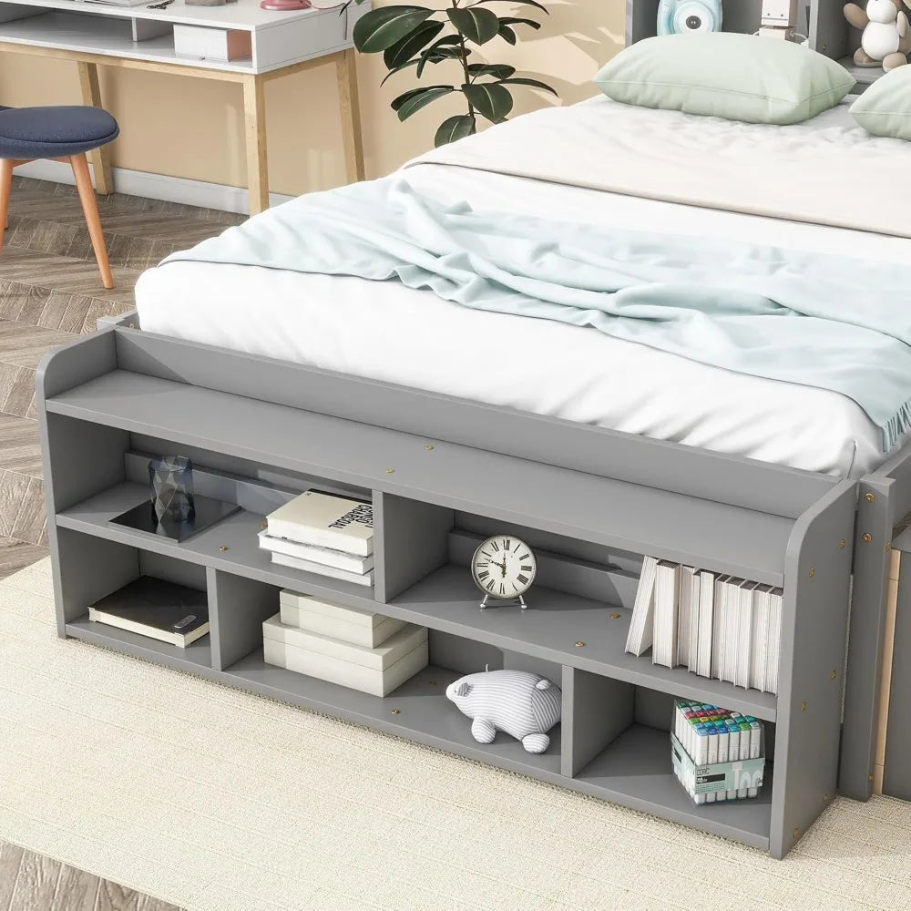 Bed Frame Wood Full Size with Storage, Bookcase Headboard, Platform Bed with 6 Storage Drawers, with Cabinet