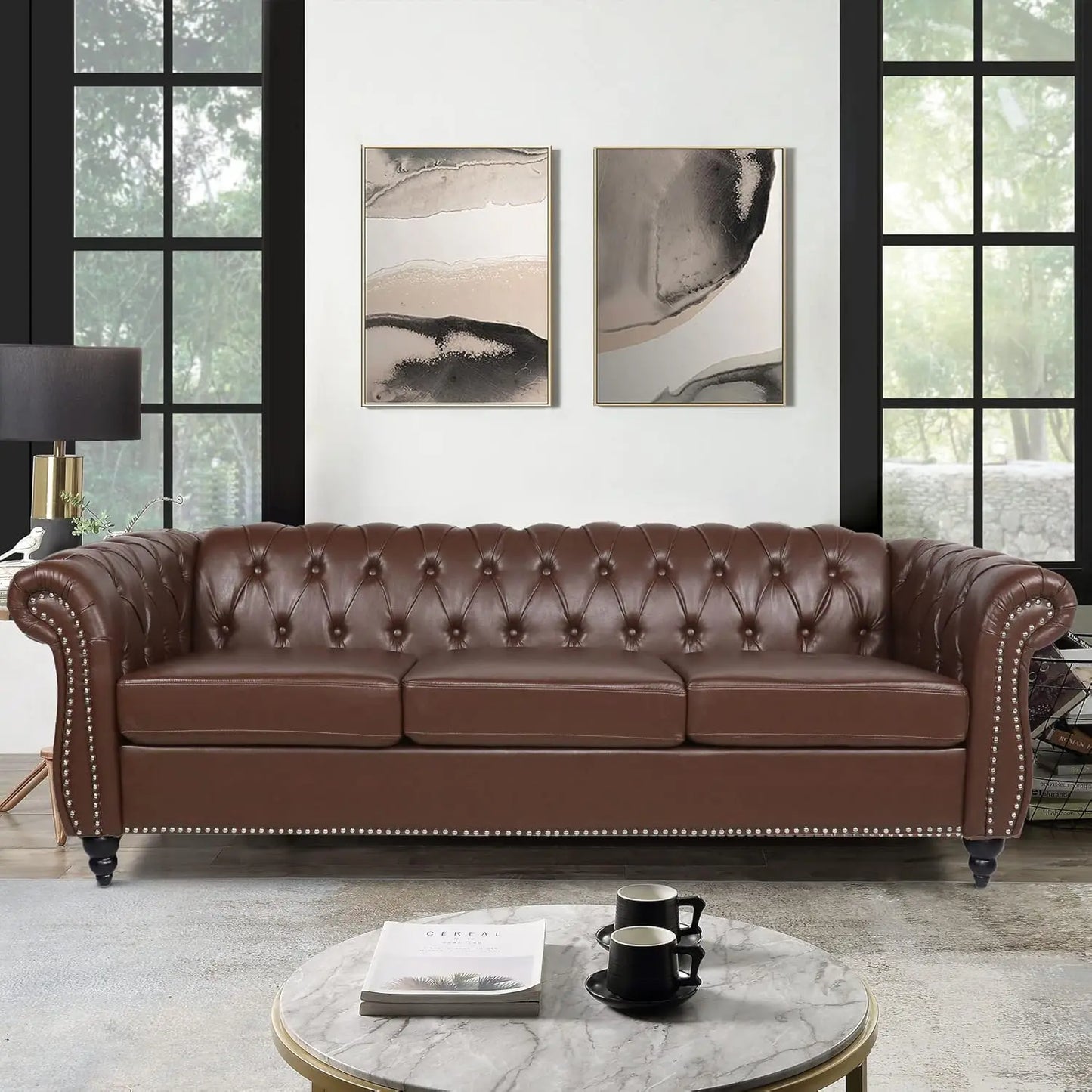 Living Room Couch or Loveseat or Chair, 84" Upholstered Tufted Couch 3 Seater or Loveseat or Chair with Rolled Arms and Nailhead for Living Room, Bedroom, Leather Sofa