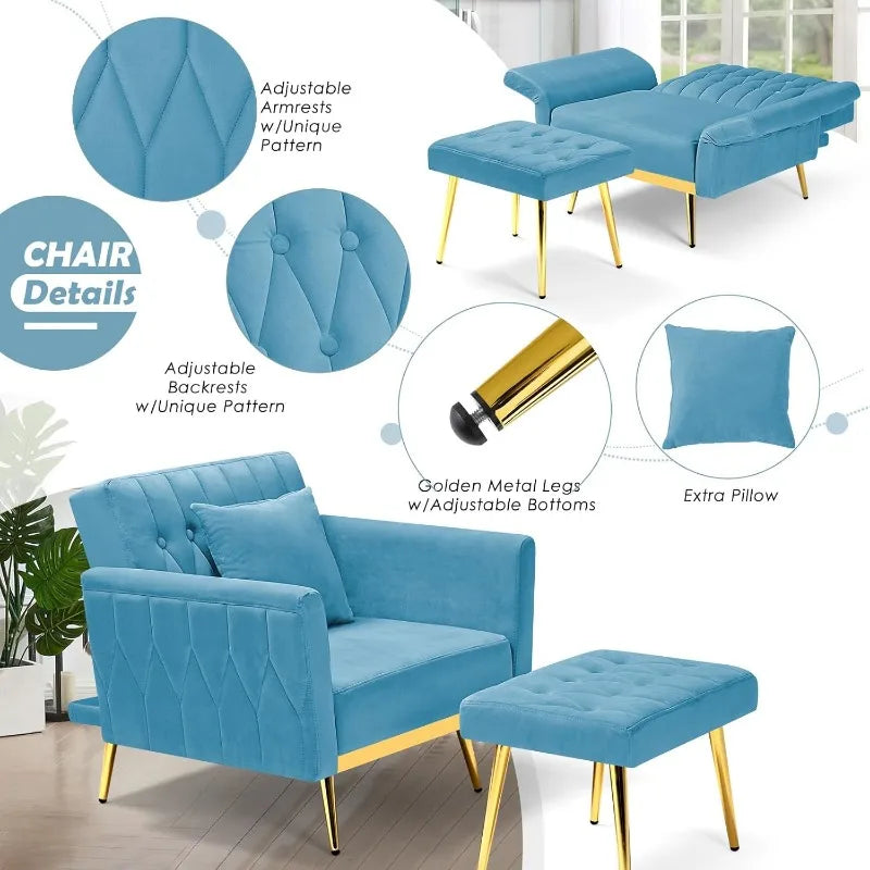 Chair, Velvet Accent Chair with Adjustable Backrest and Armrests, Single Recliner Armchair for Living Room, Bedroom , Baby Blue